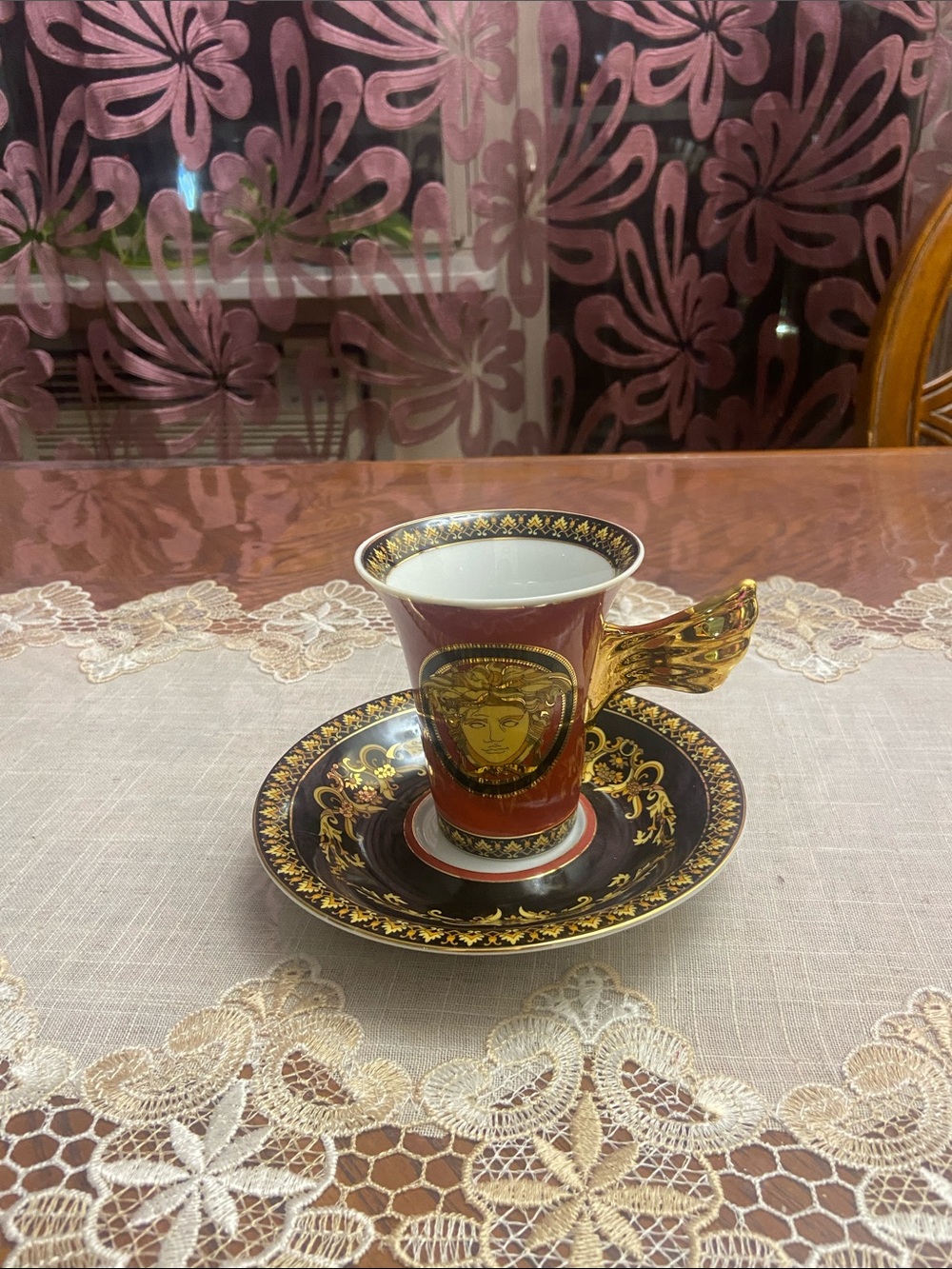 Versace Red and Gold Porcelain Espresso Cup with Winged Handle